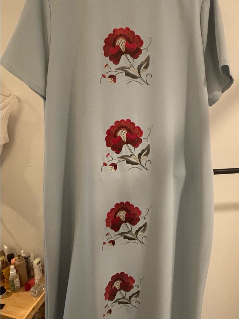 Tuckernuck Light Blue Maxi Dress with Red Floral Embroidery